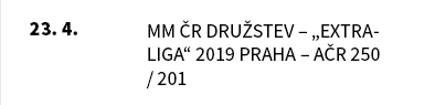 MM ČR DRUŽSTEV – „EXTRALIGA“ 2019 PRAHA – AČR 250 / 201